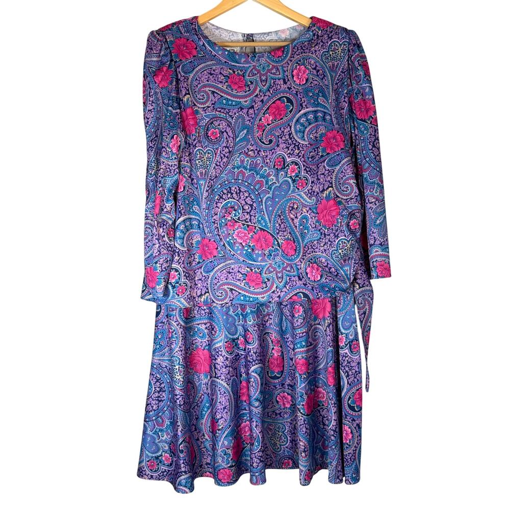 Vintage 80s Retro Blue Paisley Print Dress Sz 8 Long Sleeve Modest Golden Girls